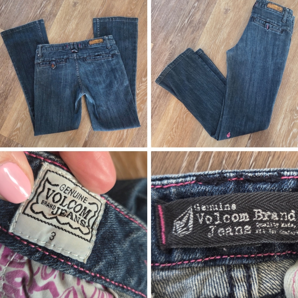 Volcom Women's Vintage Low Rise Boot Cut Wide Leg Denim Jeans Zip Up Stretch Y2K